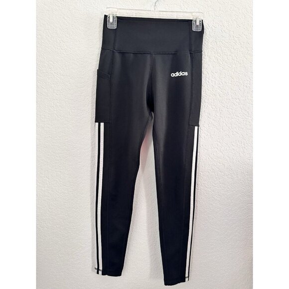 Adidas Leggings Womens Small Black Climalite 3 Stripes Yoga Pants Stretch Active - Picture 1 of 11